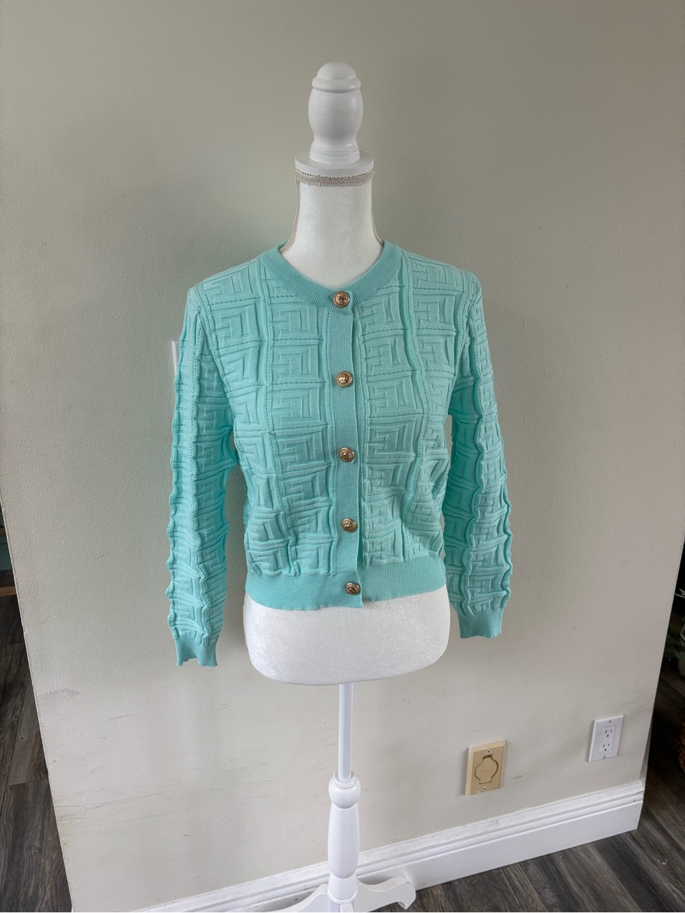 SHEIN Aqua Textured Design Lightweight Gold Button Cardigan Sweater Small NEW
